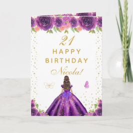 ダークパープルの花柄の髪の黒い女の子の誕生日 カード