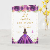 ダークパープルの花柄の髪の黒い女の子の誕生日 カード (黄色い花)
