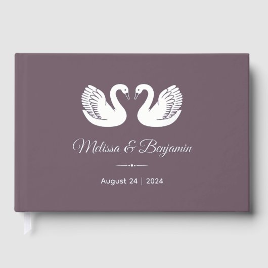 ダークパープルの銀箔のスワ結婚ーン ゲストブック (正面)