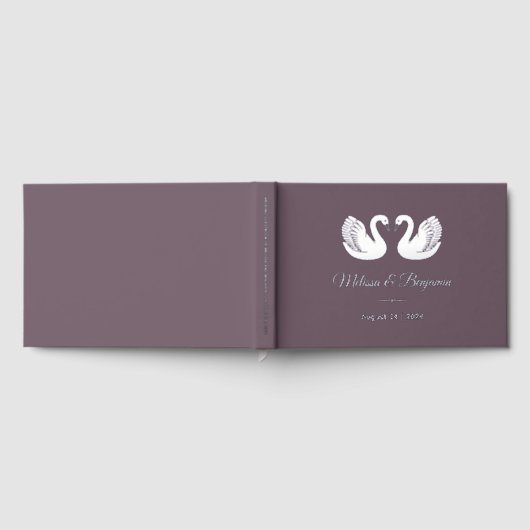 ダークパープルの銀箔のスワ結婚ーン ゲストブック (全面)
