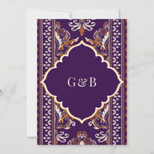 ダークパープルイエローイカットアナンドカラジシーク結婚ズ 招待状 (裏面)