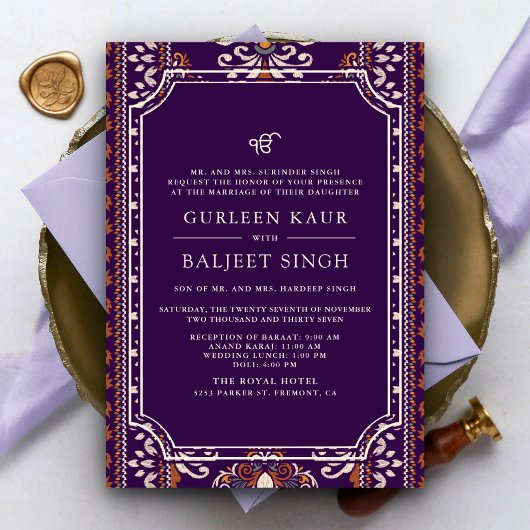 ダークパープルイエローイカットアナンドカラジシーク結婚ズ 招待状