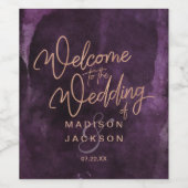 ダークパープルウォーターバラ金ゴールド結婚の歓迎 ワインラベル (シングルラベル)