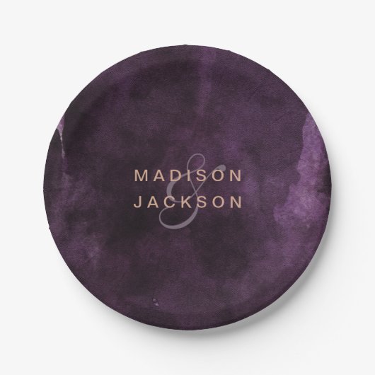 ダークパープルウォーターバラ金ゴールド結婚ズモノグラム ペーパープレート (正面)