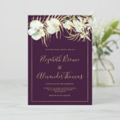 ダークパープルエレガント金ゴールドラン結婚フローラ 招待状 (スタンド正面)