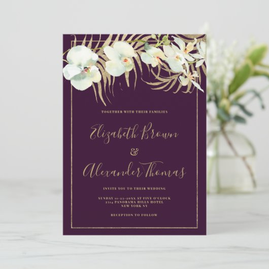 ダークパープルエレガント金ゴールドラン結婚フローラ 招待状 (スタンド正面)