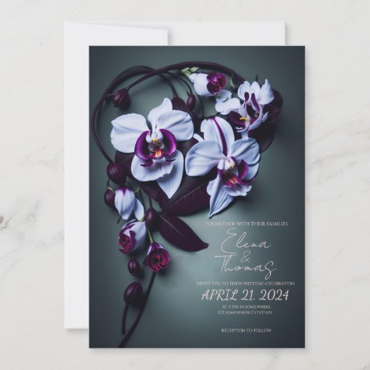 ダークパープルオーキッドとのエレガントな結婚式の招待状 招待状 (正面)