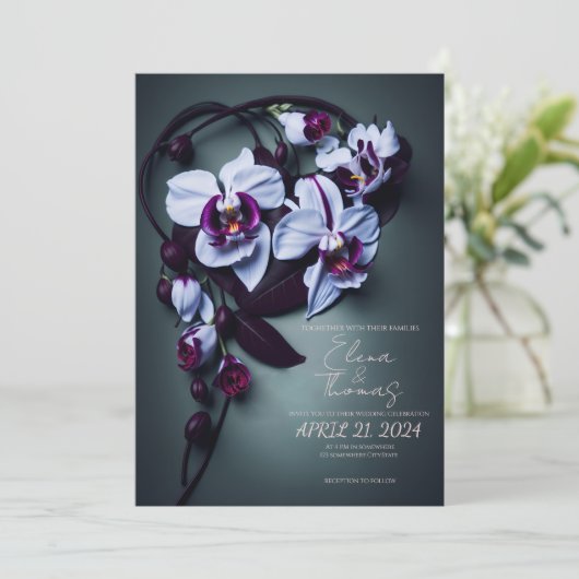 ダークパープルオーキッドとのエレガントな結婚式の招待状 招待状 (スタンド正面)