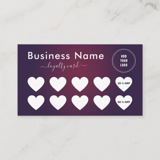 ダークパープルグラデーションミニマリスト追加ロゴのソーシャルメディア ロイヤリティカード (正面)