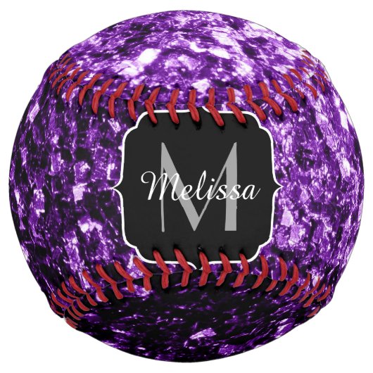ダークパープルグリッタースパークルきらきら光るモノグラム名 ソフトボール (正面)