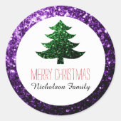 ダークパープルグリーンクリスマスツリー輝くギフトラベル ラウンドシール (正面)
