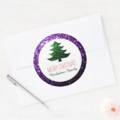 ダークパープルグリーンクリスマスツリー輝くギフトラベル ラウンドシール (封筒)