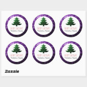 ダークパープルグリーンクリスマスツリー輝くギフトラベル ラウンドシール (シート)