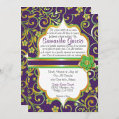 ダークパープルグリーン&金ゴールドキンセアニスペインのラインビ 招待状 (正面/裏面)