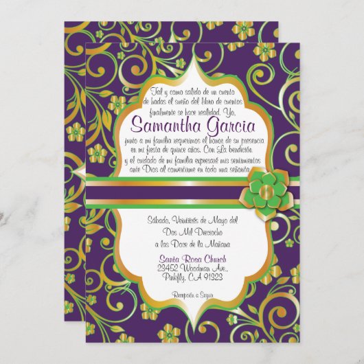 ダークパープルグリーン&金ゴールドキンセアニスペインのラインビ 招待状 (正面/裏面)