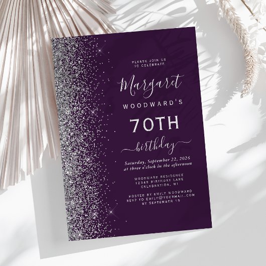 ダークパープルシルバーグリッター70thバースデーパーティー 招待状