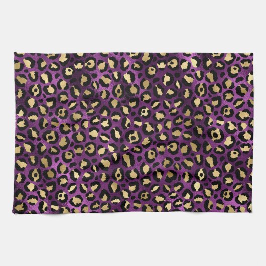 ダークパープルスタイリッシュとゴールドフォイルヒョウの斑点 キッチンタオル (横)