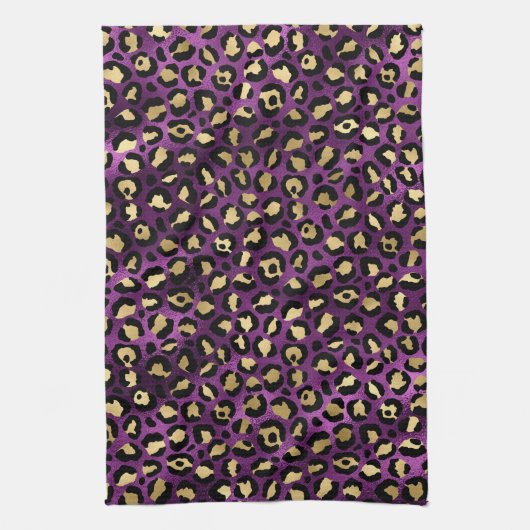 ダークパープルスタイリッシュとゴールドフォイルヒョウの斑点 キッチンタオル (縦)