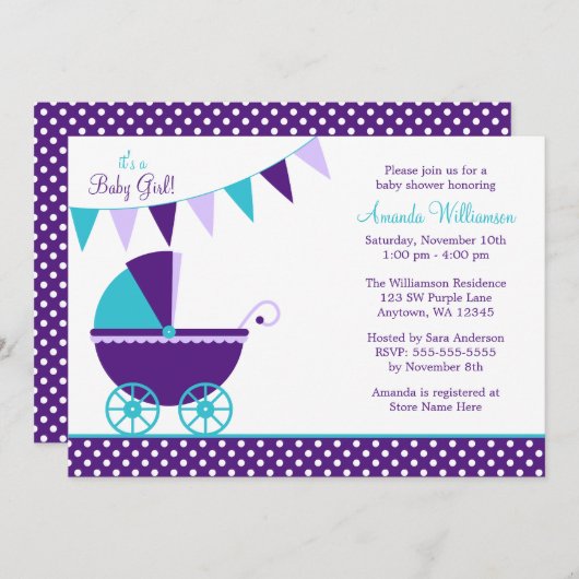 ダークパープルティール（緑がかった色）バンティングキャリッジベビーシャワー 招待状 (正面/裏面)