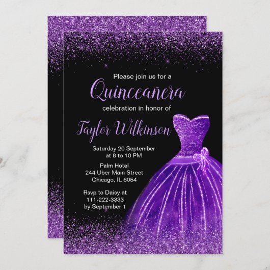 ダークパープルドレスフェイクグリッターキンセアニェラ 招待状 (正面/裏面)