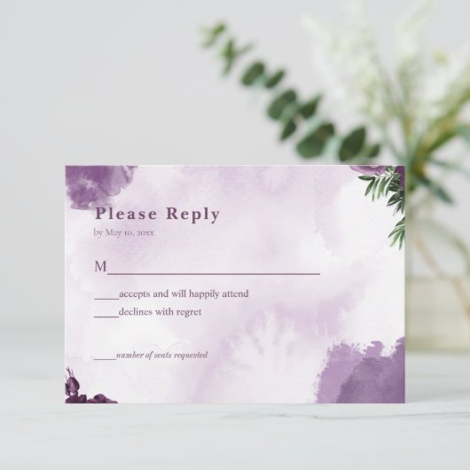 ダークパープルバラフローラゴシック結婚式RSVPカード 出欠カード (スタンド正面)
