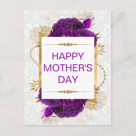 ダークパープルバラ&金ゴールドグリッター母の日 ポストカード (正面)