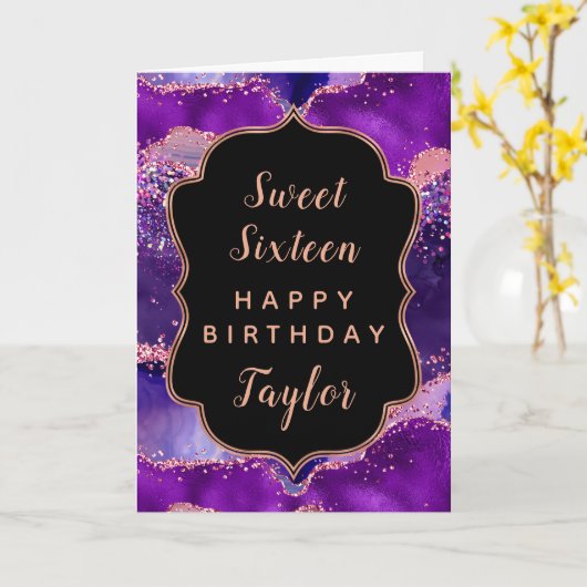 ダークパープルピンクアガテスウィート16ハッピーバースデー カード (黄色い花)