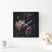 ダークパープルピーニーフラワーブーケ油スチルライフ スクエア壁時計 (ホーム)