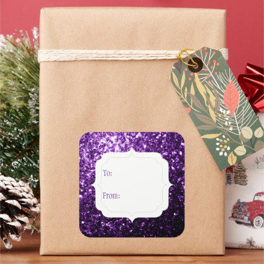 ダークパープルフェイクグリッターからギフトラベル スクエアシール (クリスマス)