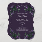 ダークパープルフローラエレガントなウェディングゴシック 招待状 (正面/裏面)