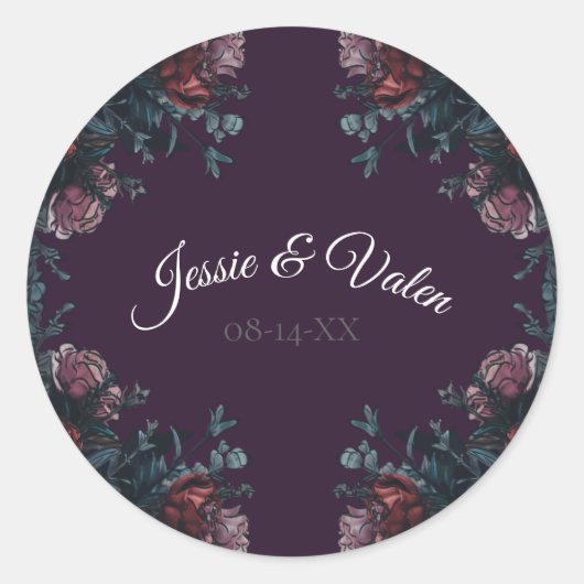 ダークパープルフローラエレガントウェディングマルーンマウヴ ラウンドシール (正面)