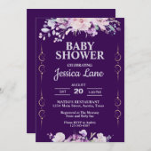 ダークパープルフローラベビーシャワー 招待状 (正面/裏面)