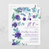 ダークパープルフローラボタニカル100thバースデーパーティー ポストカード (正面/裏面)