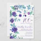 ダークパープルフローラボタニカル100thバースデーパーティー 招待状 (正面)