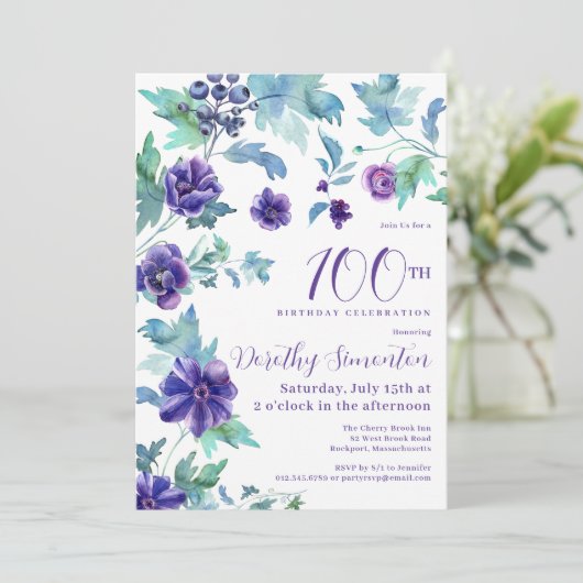 ダークパープルフローラボタニカル100thバースデーパーティー 招待状 (スタンド正面)