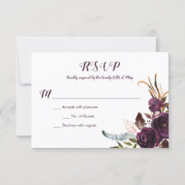 ダークパープルフローラボホ秋の結婚式RSVP 出欠カード
