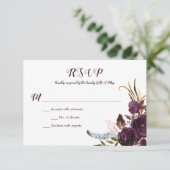 ダークパープルフローラボホ秋の結婚式RSVP 出欠カード (スタンド正面)
