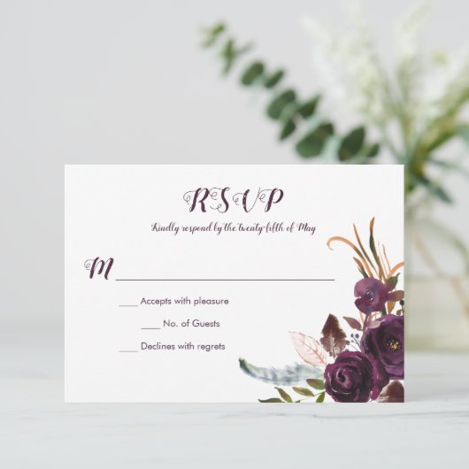 ダークパープルフローラボホ秋の結婚式RSVP 出欠カード (スタンド正面)