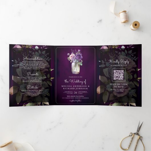 ダークパープルフローラメイソンJAR QRコードムーディ結婚ーズ 三つ折り招待状 (内部)