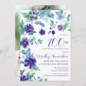 ダークパープルフローラ写真第100回バースデーパーティー 招待状 (正面/裏面)