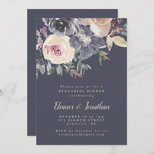 ダークパープルフローラ水色リハーサルディナー 招待状 (正面/裏面)