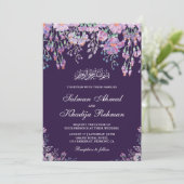 ダークパープルフローラ葉イスラム教結婚教徒 招待状 (スタンド正面)