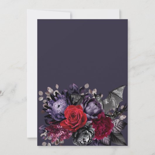 ダークパープルフローラ&シルバーくもの巣ブライダルシャワー 招待状 (裏面)