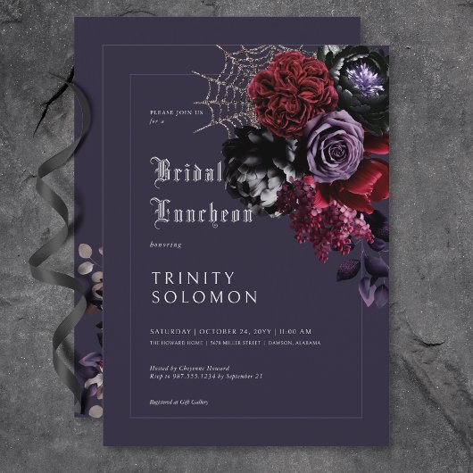 ダークパープルフローラ&シルバーくもの巣ブライダルルンチョン 招待状