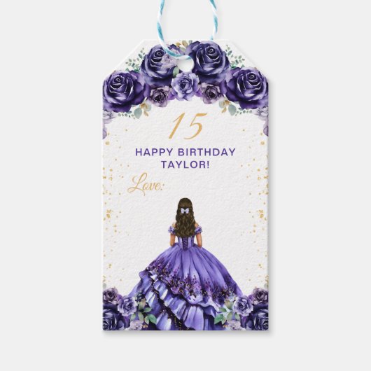 ダークパープルプリンセスクインセアニラハッピーバースデー ギフトタグ (正面)