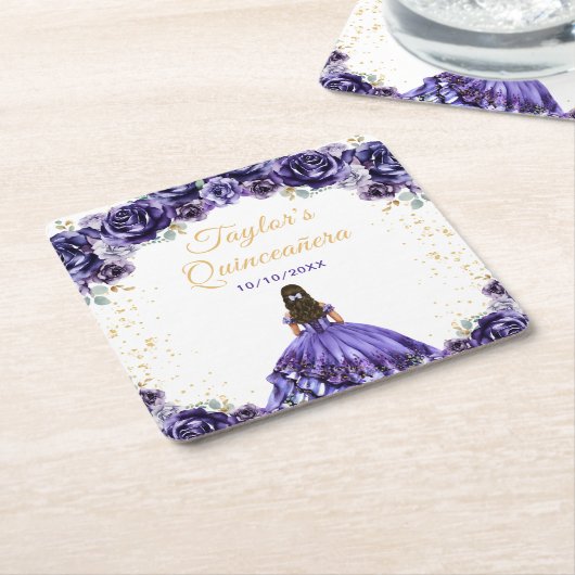 ダークパープルプリンセスフローラキンセアニラ スクエアペーパーコースター (アングル)