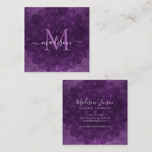 ダークパープルマンダラロータスフラワーモノグラムスクリプト スクエア名刺 (正面/裏面)