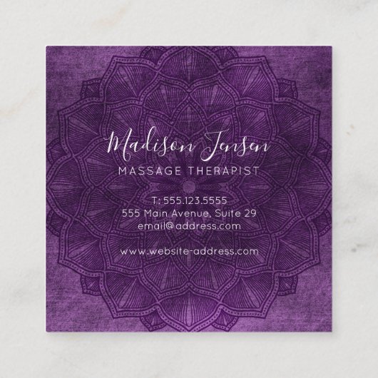 ダークパープルマンダラロータスフラワーモノグラムスクリプト スクエア名刺 (裏面)