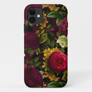 ダークパープルムーディ花模様ズアンティークフラワーブラック iPhone 11 ケース