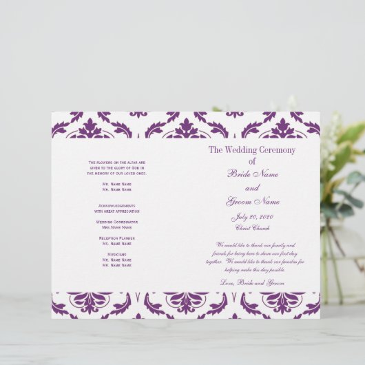ダークパープルヴィンテージダマスクウェディングプログラム (スタンド正面)